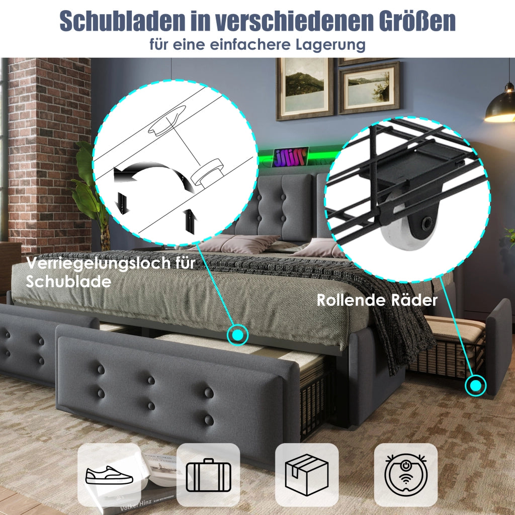 LETTO 140x200 cm con LED, USB-C e 4 cassetti, tessuto cotone lino Grigio