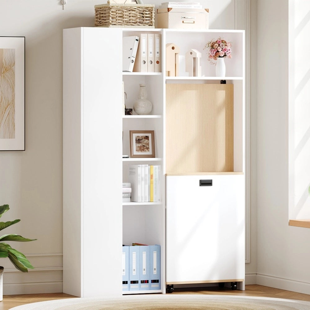 Scrivania Pieghevole con Libreria 2-in-1 ¨C Xylo ¨C Bianca, Ripiani Regolabili, Angolare, Presa USB