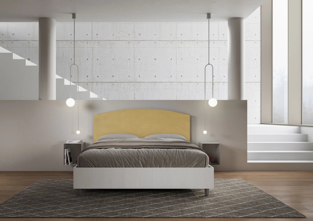 BS COM Letto matrimoniale con rete 160x200 bianco frassino testata microfibra ocra