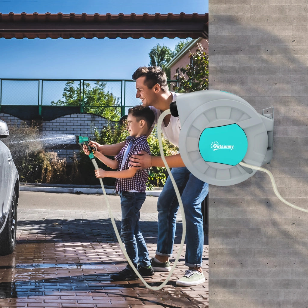 Avvolgitubo Automatico a Parete e Portatile Lunghezza 25+2 m, Sistema di Blocco e 7 Getti, Grigio