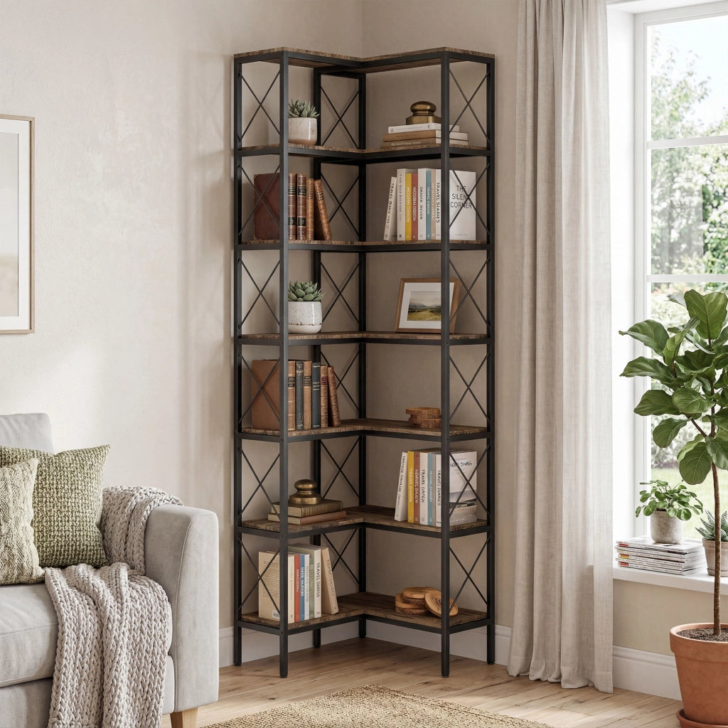 Libreria d'angolo a 6 livelli in metallo ¨C Minimal ¨C 60x60x200 cm marrone rustico