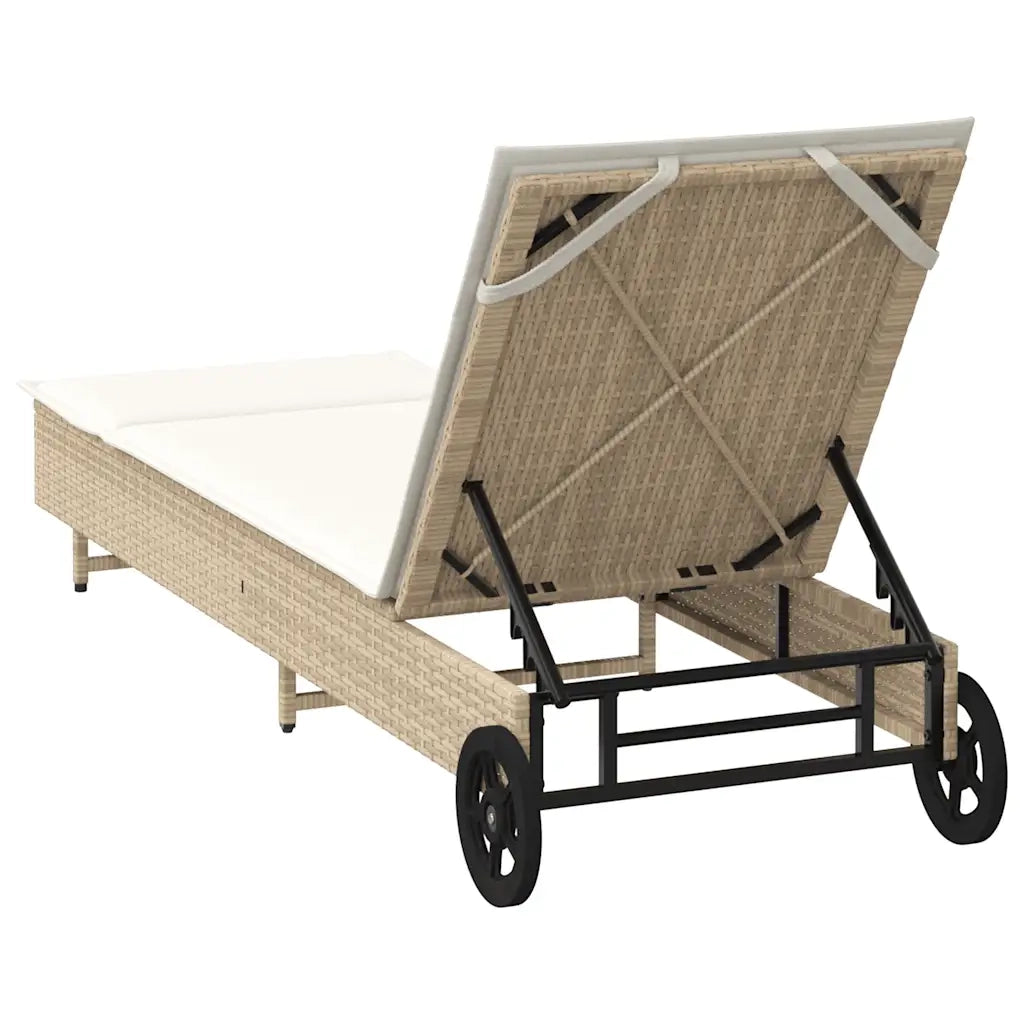 Lettino Prendisole con Ruote e Cuscino in Polyrattan Beige 4104037