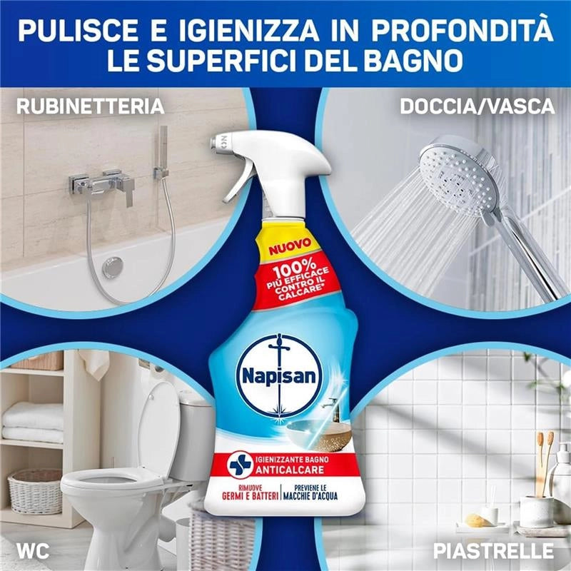 SPRAY NAPISAN IGIENIZZANTE BAGNO ANTICALCARE 740 ML RIMUOVE GERMI E BATTERI PREVIENE LE MACCHIE DI ACQUA