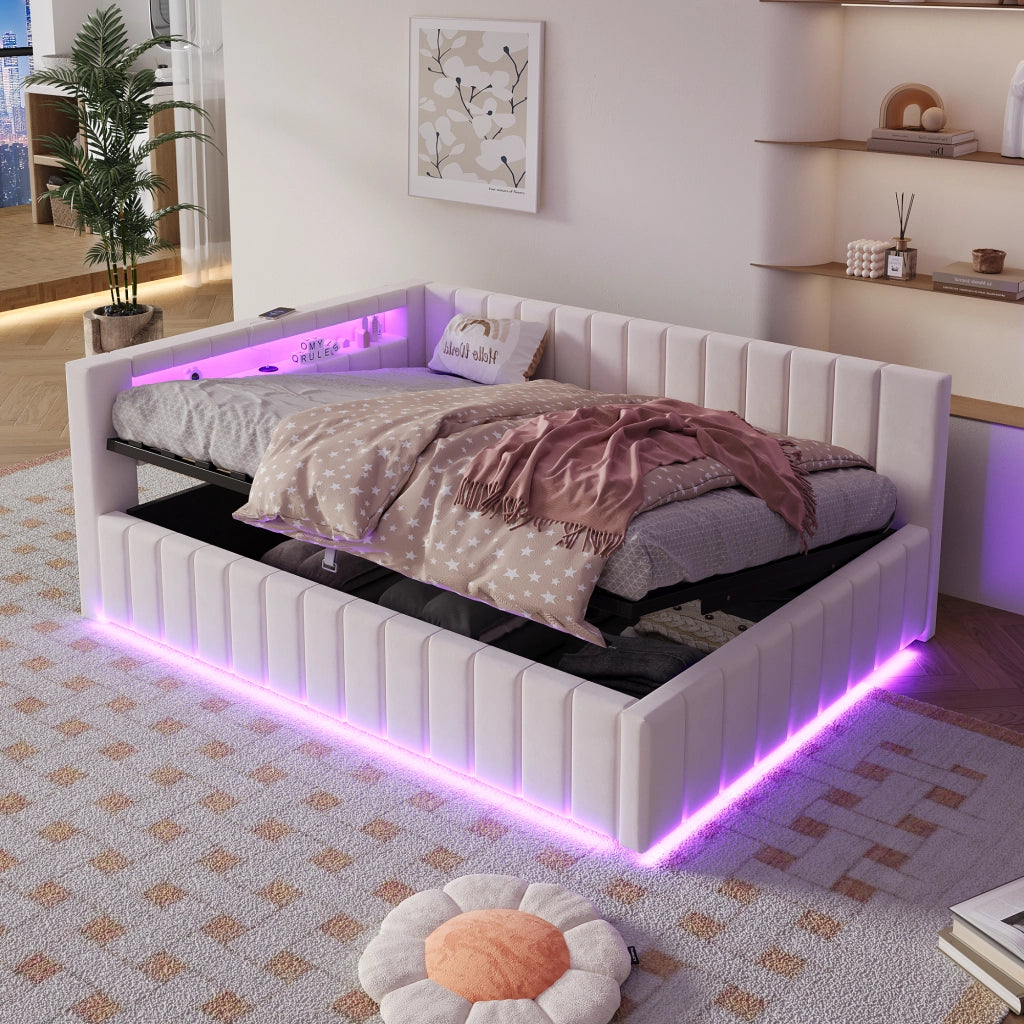 LETTO Contenitore 140x200 cm Imbottito Beige con LED, USB e Schienale