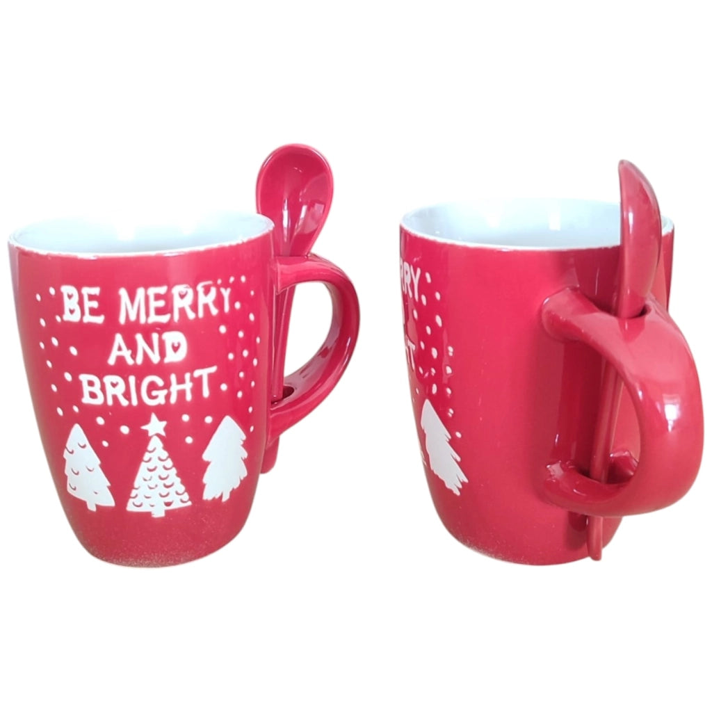 Set 2 Tazze Natalizie Gres Rosso 30cl con Cucchiaini Idea Regalo Natale