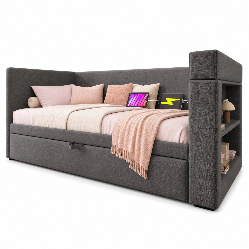 Divano letto estraibile 90x190 cm con USB, portabicchieri e vani laterali