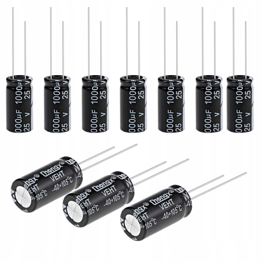 Condensatore Elettrolitico Low ESR 1000uF 25V – Alta Efficienza, Dimensioni 10x20mm, Passo 5mm