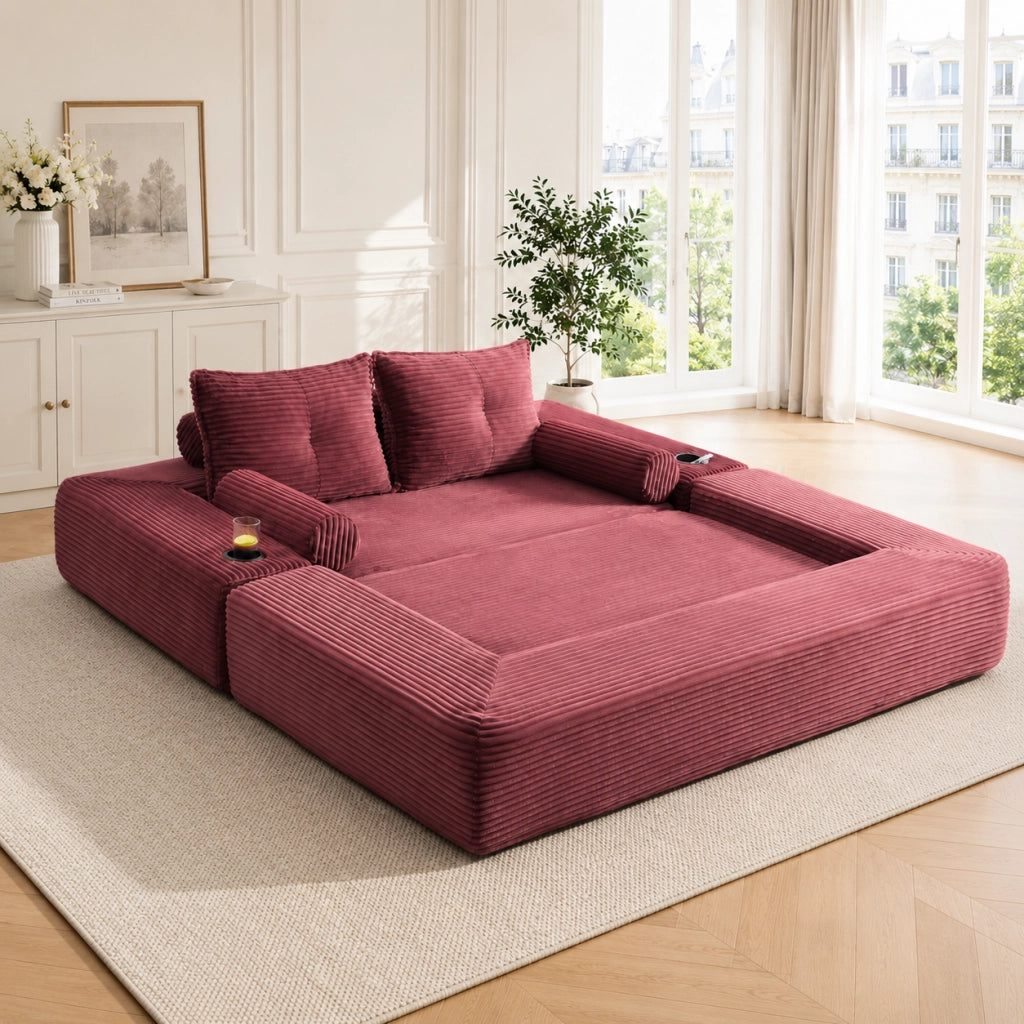 Divano Letto 2 Posti ¨C MINIMAL ¨C Tessuto a Coste, Cuscini Memory, con Tasche e Portabicchieri