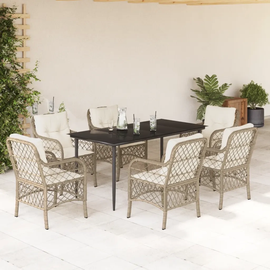 Set da Pranzo da Giardino 7 pz con Cuscini Beige in Polyrattan