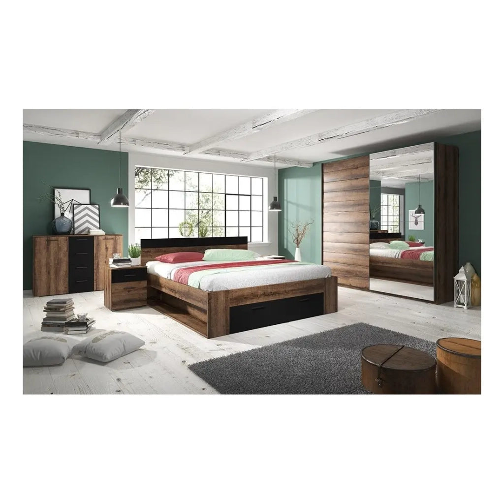 Camera da letto EOS: Armadio, Letto 180x200, cassettiera, comodini. Colore rovere scuro e nero.