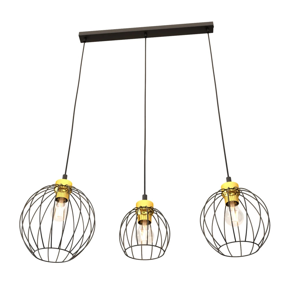 Sospensione Minimal Industrial Hathor 3 Luci Lineari Nera E Oro