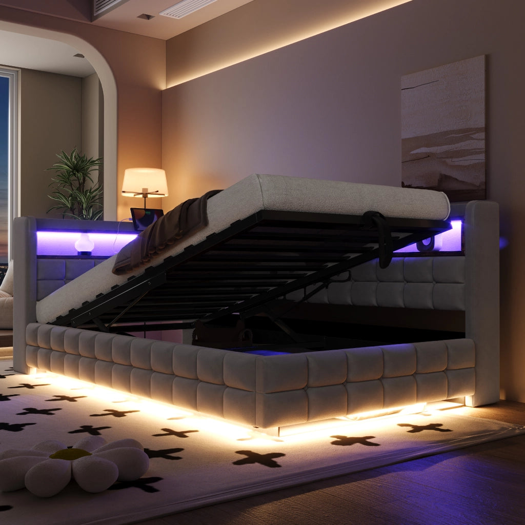 LETTO Contenitore 90x200 cm in velluto grigio chiaro con LED e prese USB/Type-C