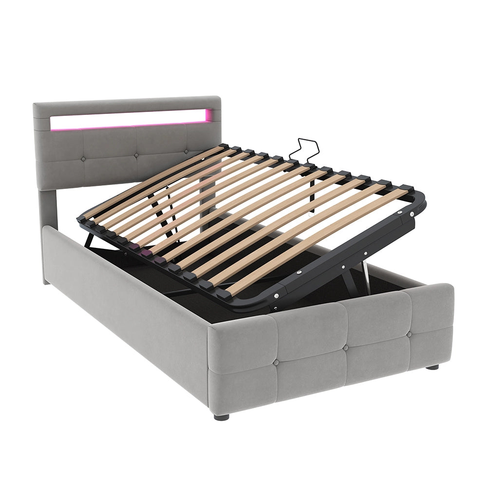 Letto a cassone imbottito per bambini - Xylo - 90x200 cm - Grigio - Illuminazione LED, testiera regolabile