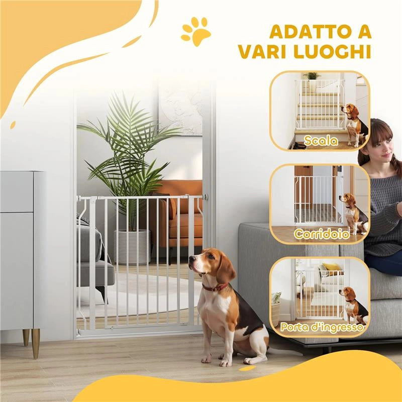CANCELLETTO PER CANI ESTENSIBILE E REGOLABILE PER SCALE E PORTE, IN ACCIAIO E ABS, 75-85X76 CM, BIANCO