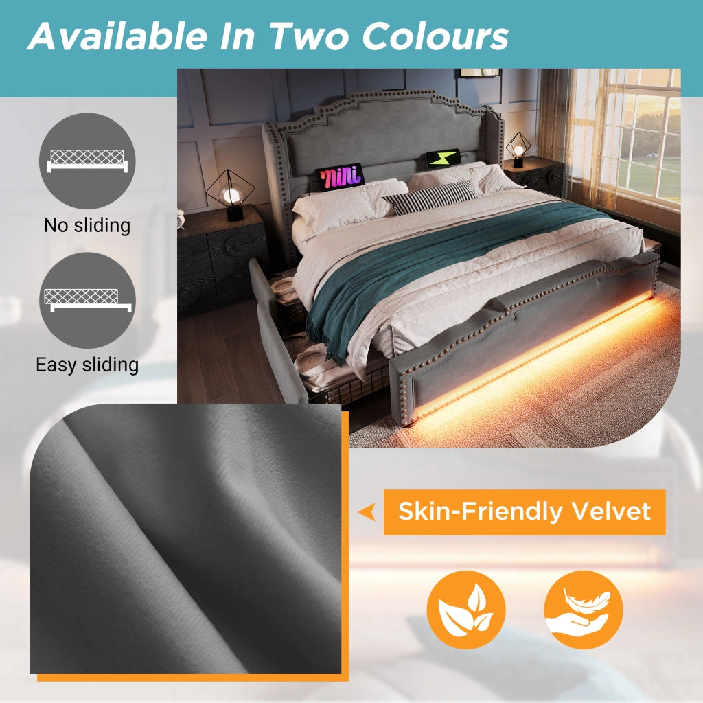 LETTO matrimoniale 180x200 cm con 4 cassetti, LED, USB e Type-C, velluto grigio