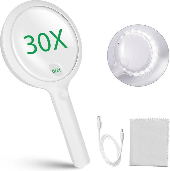 Vergrootglas con Luce e 30x Zoom - Righello con LED e 3 Impostazioni di Brillanza per Anziani