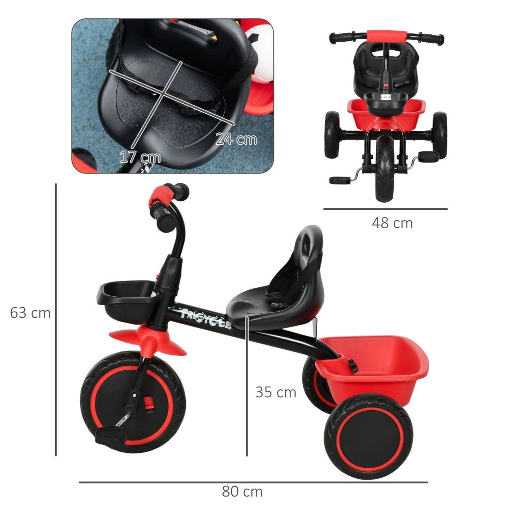 Triciclo Bambini Regolabile con Sedile e Cestini ¨C Minimal ¨C Rosso e Nero