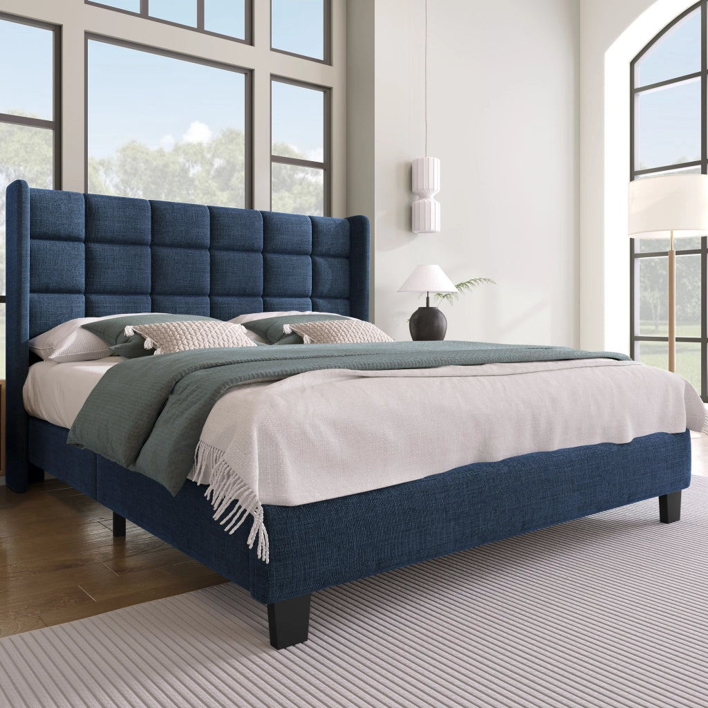 LETTO imbottito 140x200 cm in lino blu con rete a doghe