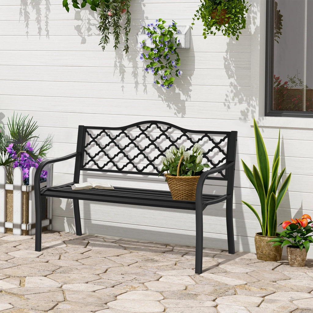 Panchina da Giardino 2 Posti ¨C Xylo ¨C Acciaio e Ghisa Nero con Braccioli 128x58.5x89cm