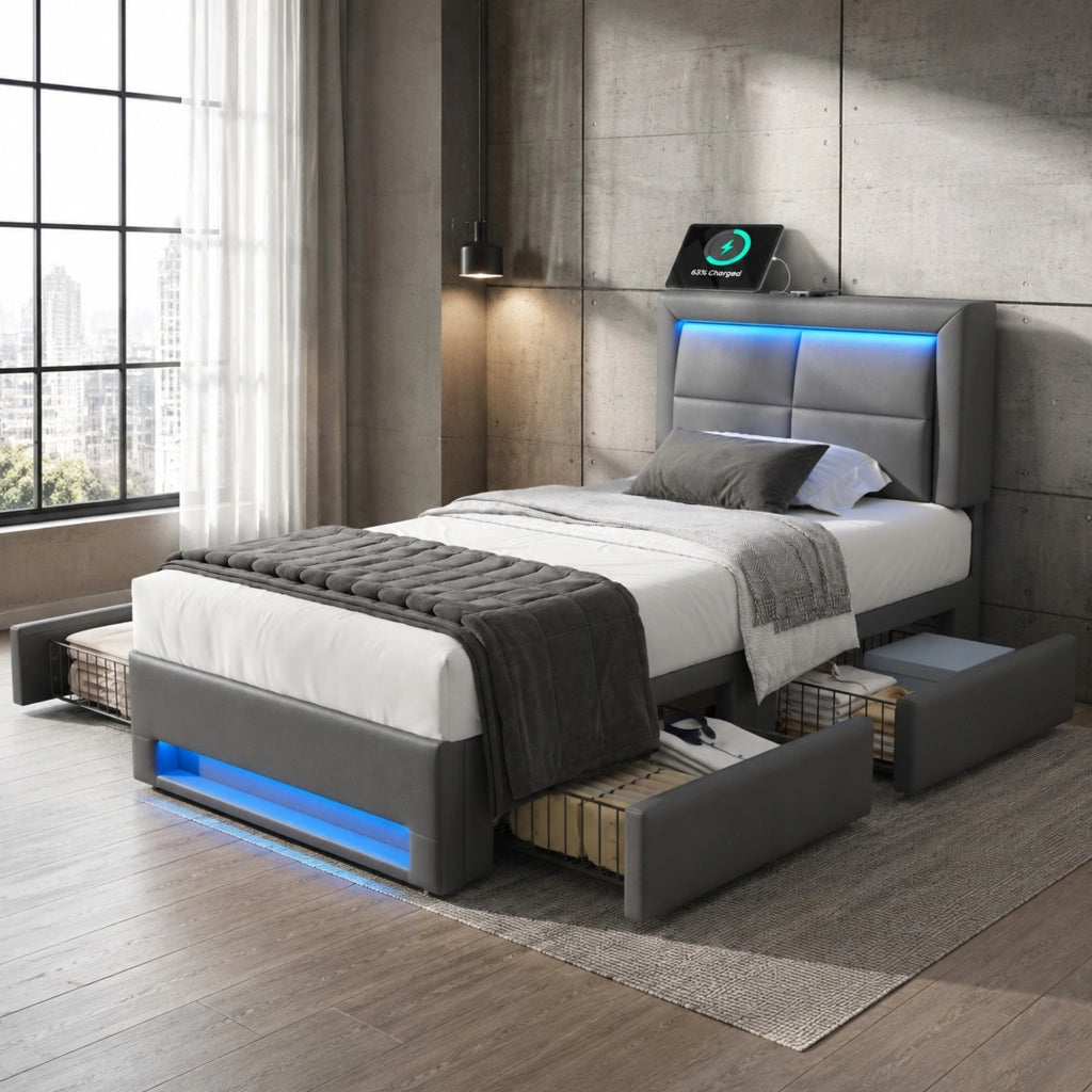 LETTO Polsterbett 90x200 cm con USB, LED e 4 cassetti, grigio