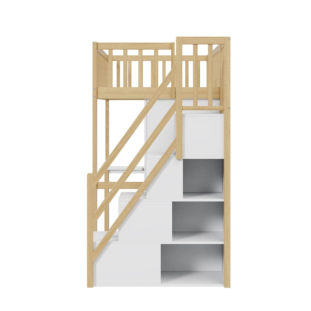 Letto a Soppalco Multifunzione – Xylo – 90x200cm, Legno Bianco, Grande Armadio, Scaffale, Tavolo, Scala, Ripostiglio