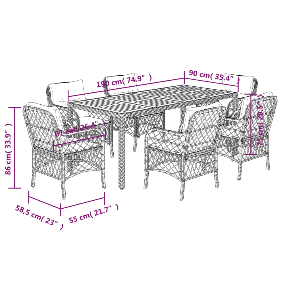 Set da Pranzo da Giardino 7 pz con Cuscini in Polyrattan Grigio
