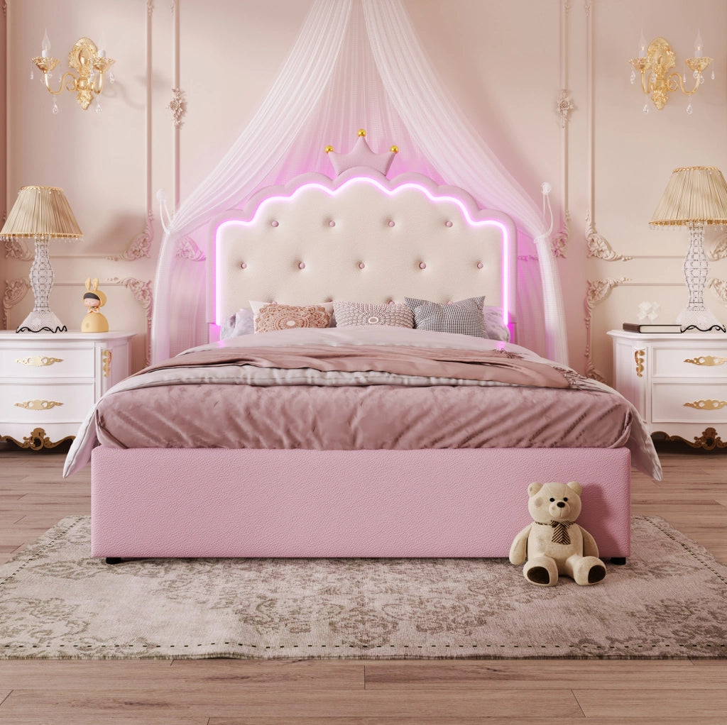 Letto imbottito per bambini 140x200 cm con rete, luce LED e cassetti