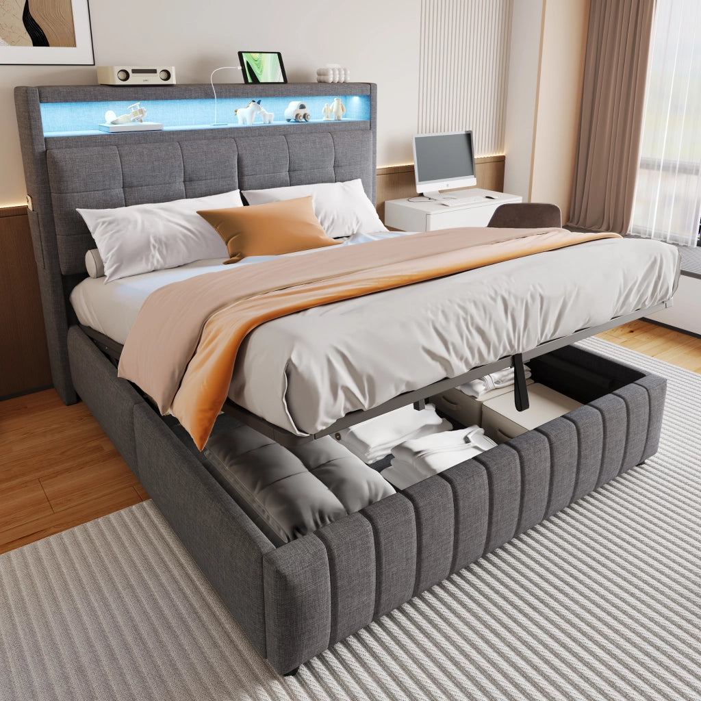LETTO Imbottito 160x200 cm Grigio in lino con LED, USB e contenitore