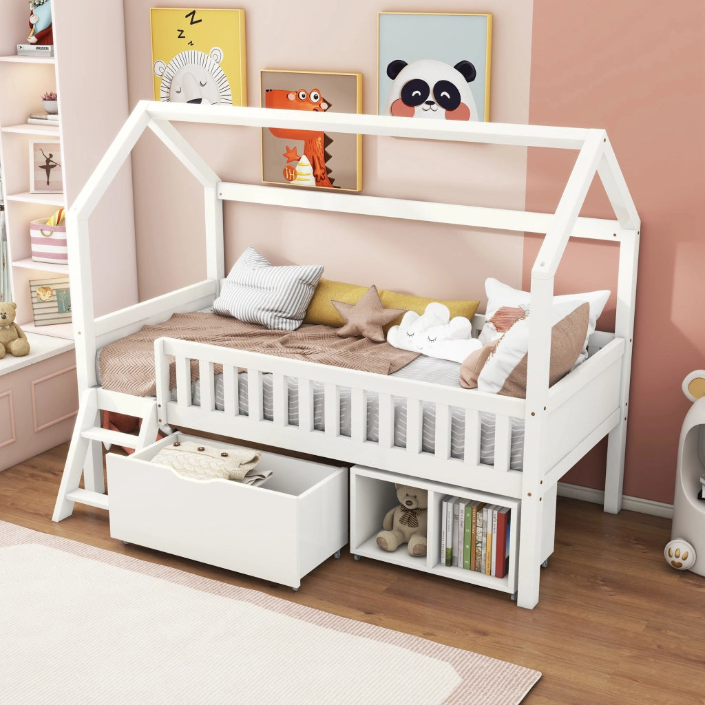 Letto a casetta per bambini 90x200 cm con cassetti, scala laterale e sponde di sicurezza, bianco