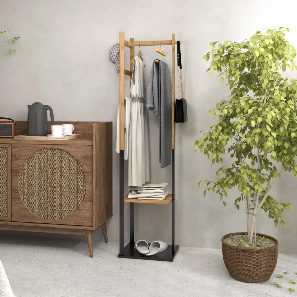 Appendiabiti da Terra con Scaffali e Ganci ¨C Minimal ¨C Legno e Acciaio, Nero