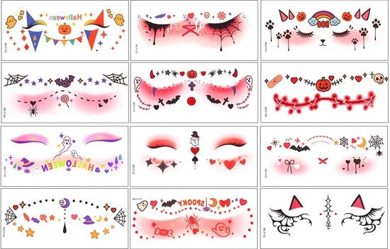 Tatuaggi per il viso 12pz - Adesivi make-up acqua-resistenti - Tatuaggi temporanei - Unisex per bambini e adulti - Decorazione per Halloween - 16x7cm
