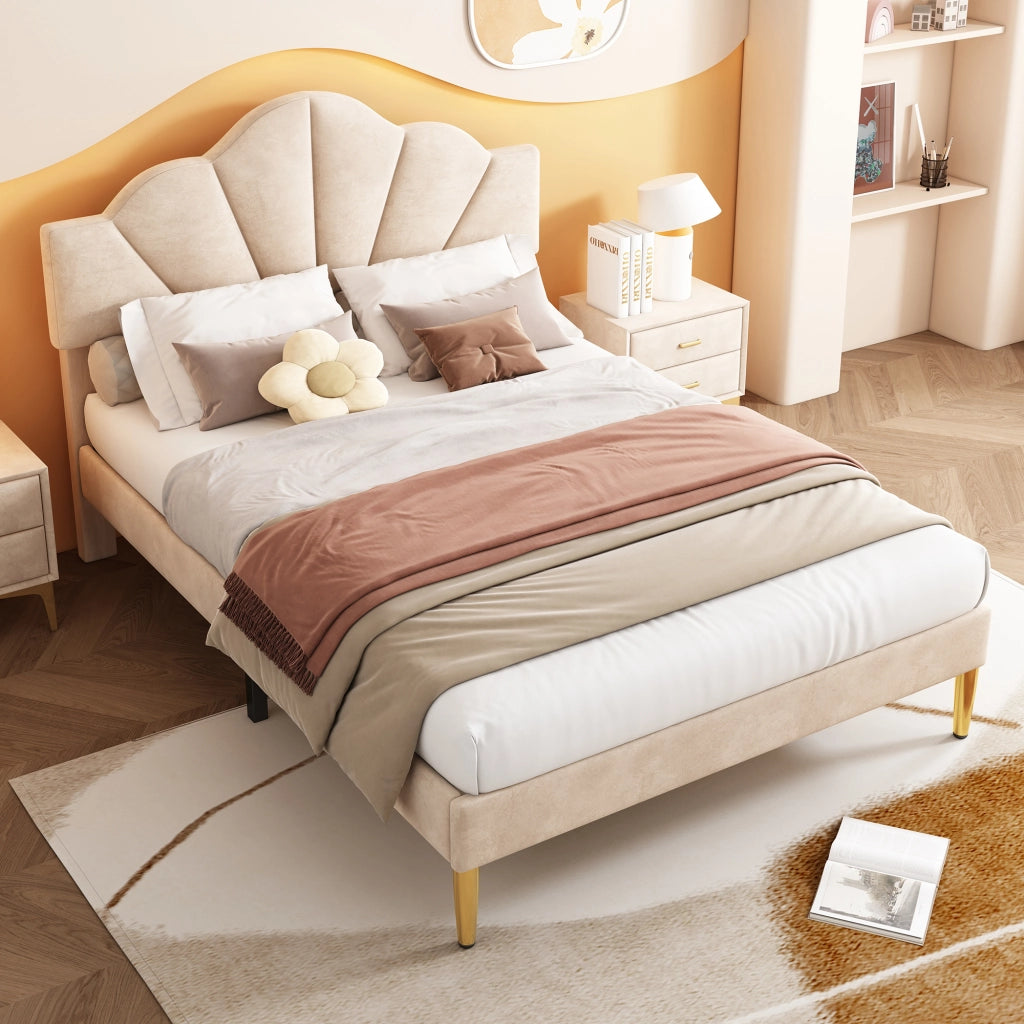 LETTO imbottito 140x190 cm in velluto beige