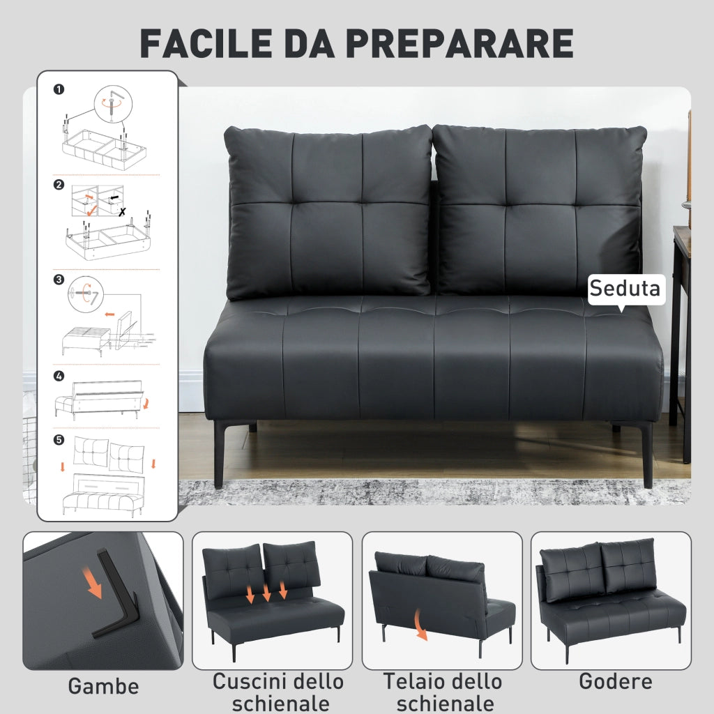 Divano 2 Posti Trapuntato ¨C Minimal ¨C Similpelle Nero 115x73x83