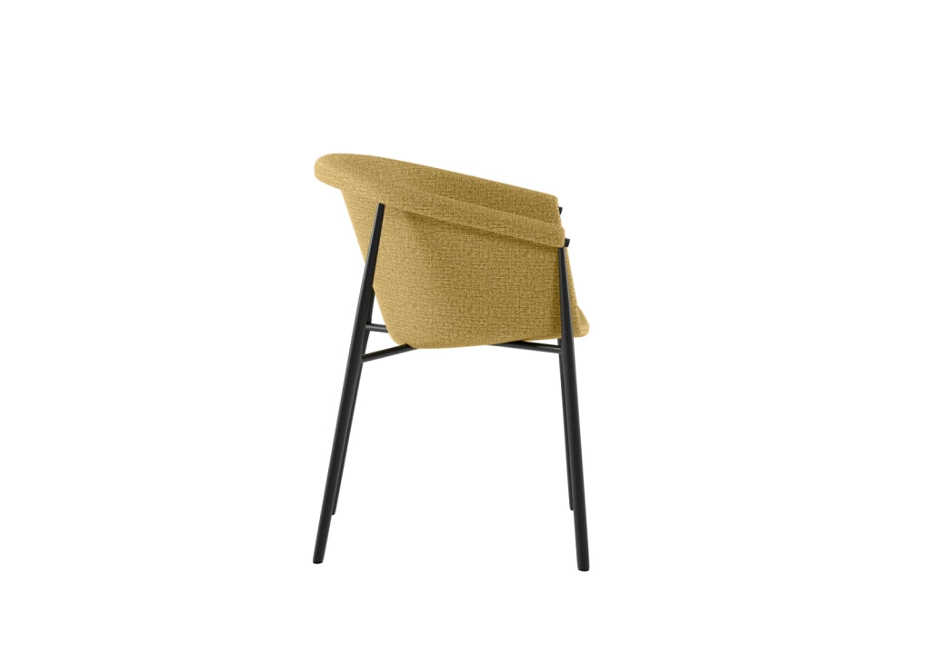 Sedia da pranzo Nari con scocca a guscio imbottita in tessuto Giallo e gambe in metallo Nero dal design moderno - 56x58x79 cm