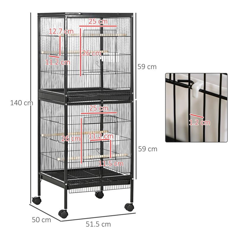 GABBIA VOLIERA PER UCCELLI PER INTERNI CON RUOTE E VASSOI ESTRAIBILI 51.5X50X140 CM NERO