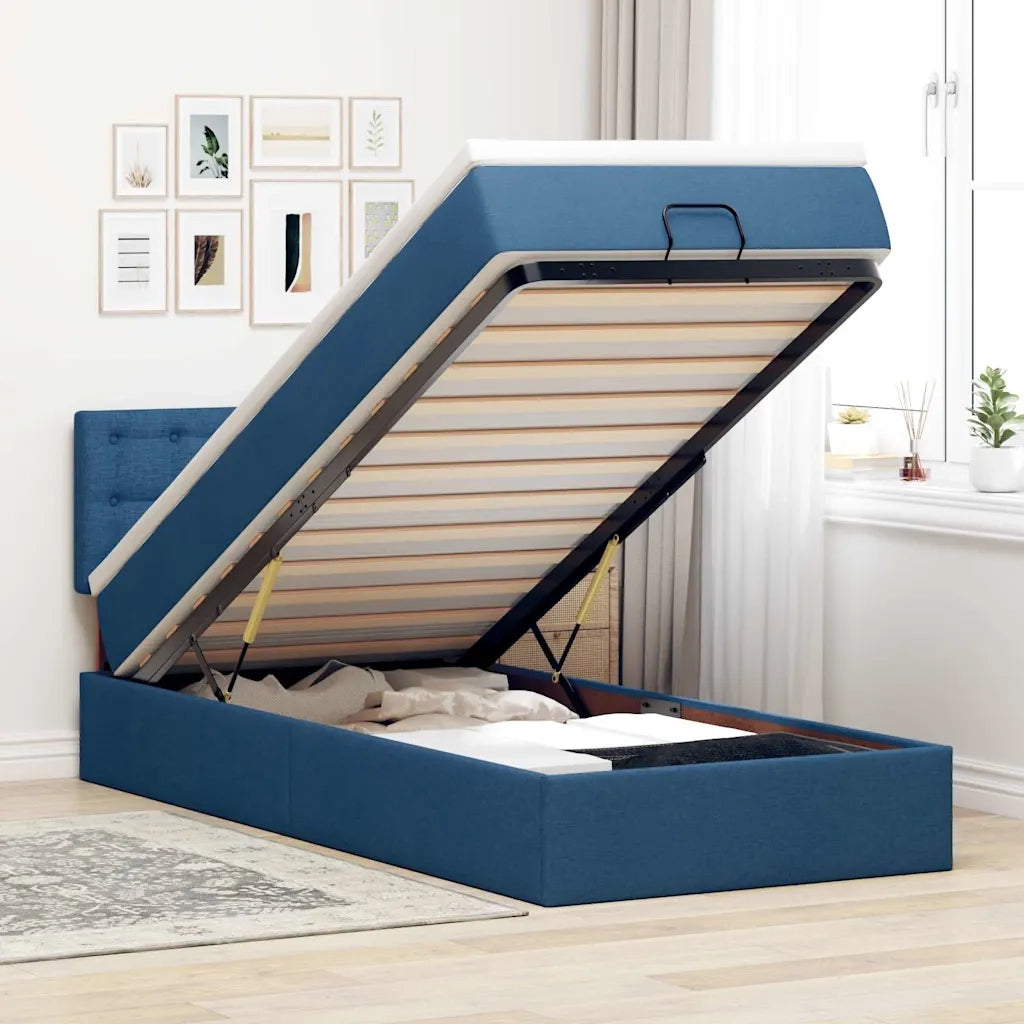 Pouf Letto con Materasso e LED Blu 90x200 cm in Tessuto