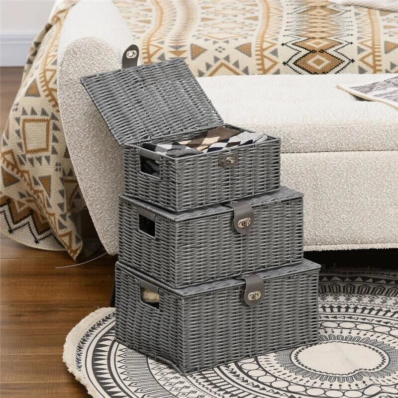 SET DI 3 CESTI IN VIMINI PP CON COPERCHIO DI DIVERSE DIMENSIONI, GRIGIO