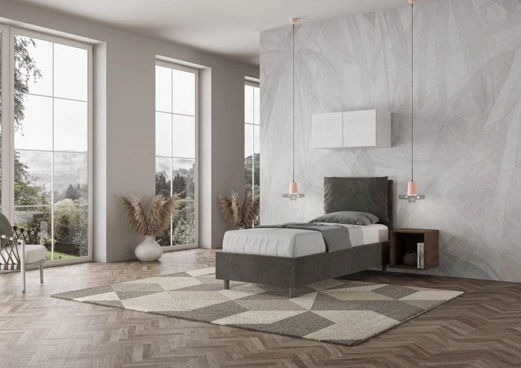 BS COM Letto singolo contenitore imbottito 90x210 microfibra grigio