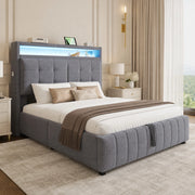 LETTO Imbottito 140x200 cm Grigio in Lino con LED, USB e contenitore