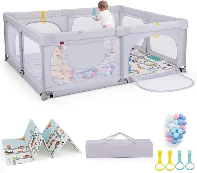 Box per Bambini con Materassino, Recinto per Bambini 189 x 158 cm con 4 Anelli e 50 Palline Colorate, Rete Traspirante, Tasca e Borsa, Box Giochi per Bambino 0-3 Anni (Grigio Chiaro)