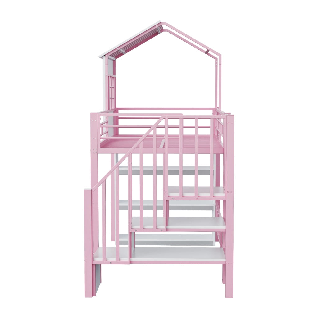 Letto a soppalco 90 × 200 cm con scala contenitore reversibile e scaffale, senza materasso, per bambini, rosa