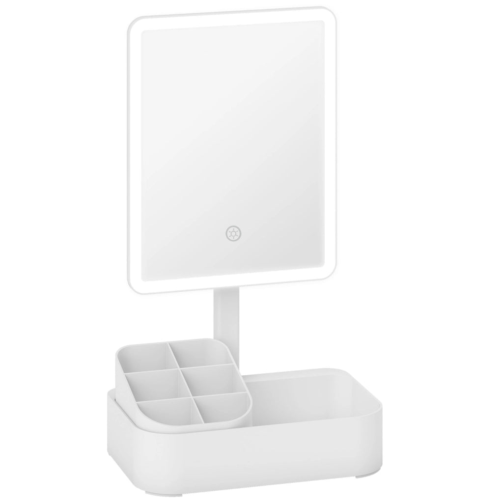 Specchio da Trucco con Luce Regolabile su 2 Livelli Rotazione 180° e Organizer per Trucchi Bianco