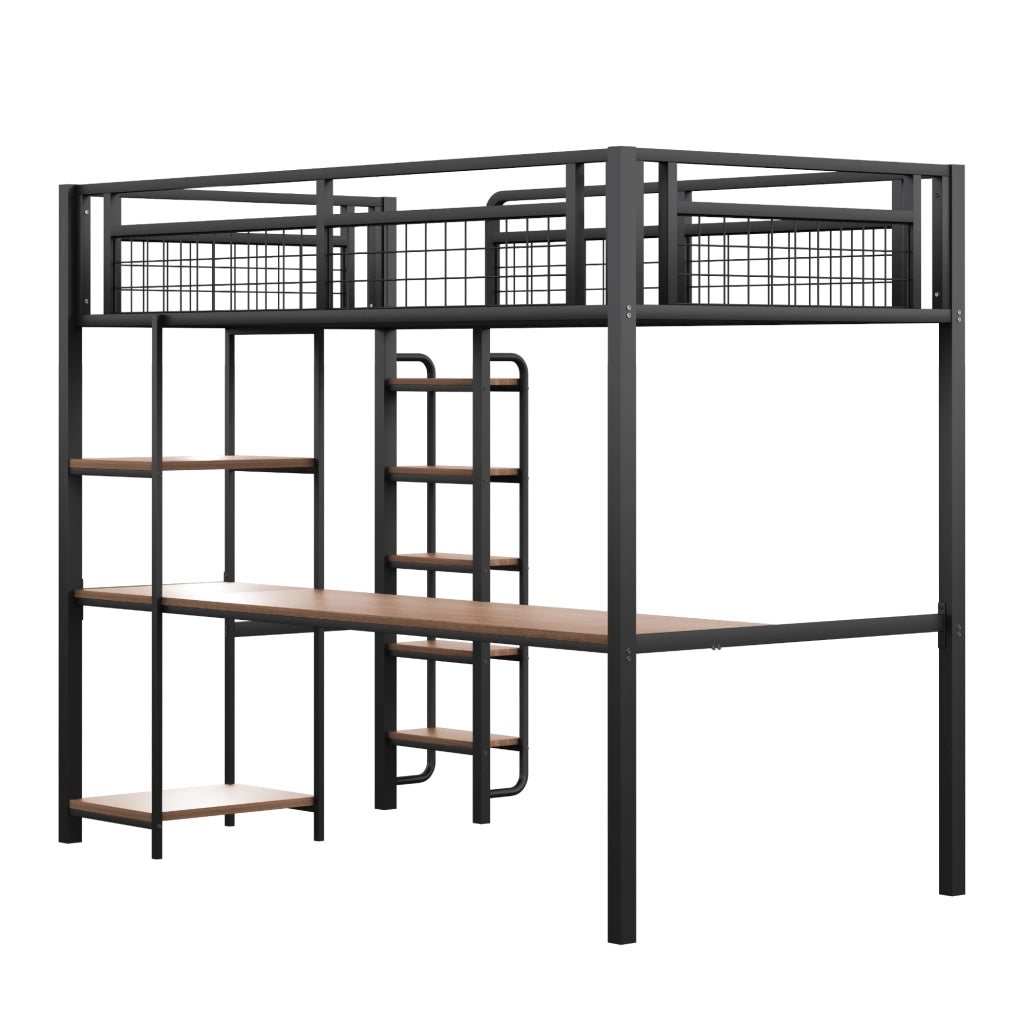 Letto a Soppalco Singolo con Scrivania e Ripiani ¨C MINIMAL ¨C Metallo Nero 90x200