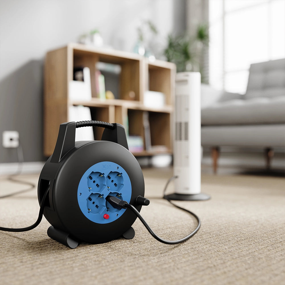 Avvolgicavo Multipresa 12 Metri con Interruttore di Protezione Prolunga e 4 Prese Nero e Blu