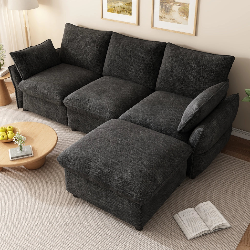 DIVANO ANGOLARE L 222,5x154,5x76,5 cm Chenille Grigio Scuro con pouf e 2 cuscini
