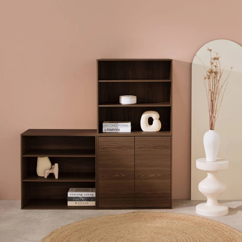 Libreria modulare con 2 ante e 5 livelli, noce