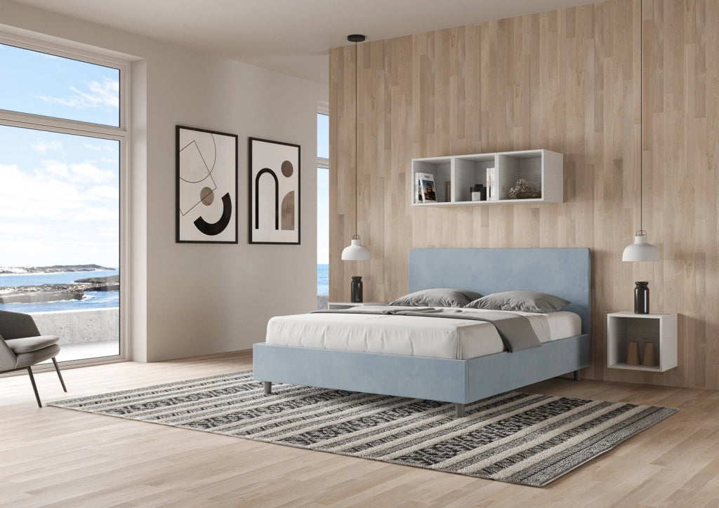BS COM Letto matrimoniale con rete imbottito 160x200 microfibra azzurro