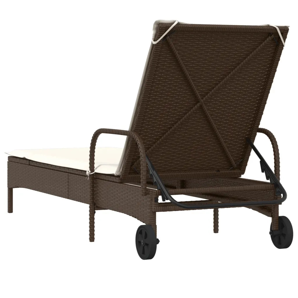 Lettino Prendisole con Ruote e Cuscino in Polyrattan Marrone 368309