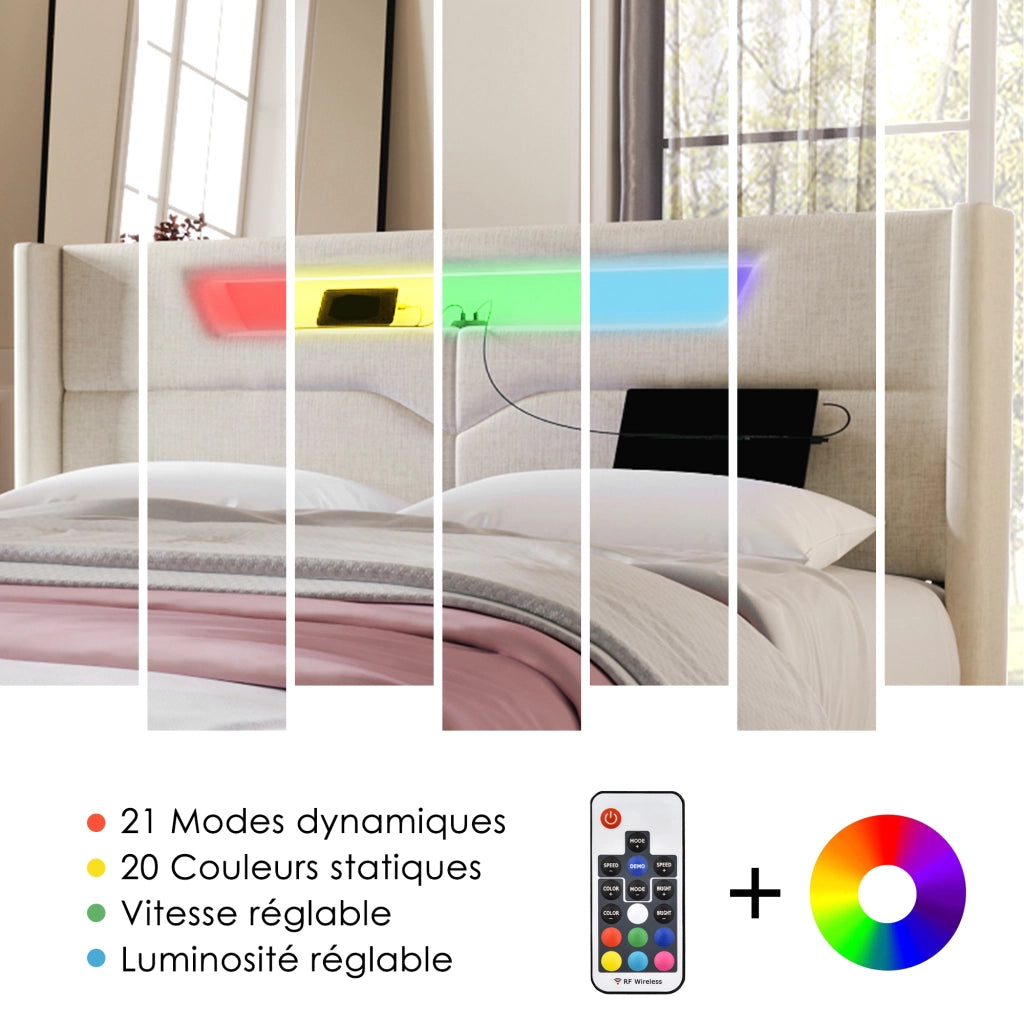 LETTO Matrimoniale LED 160x200 cm in lino beige USB Type C