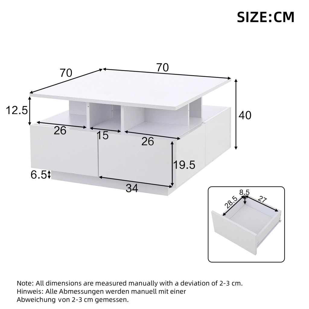 OKWISH Tavolino da salotto quadrato con 4 cassetti, illuminazione LED con controllo tramite app, finitura lucida, 70 x 70 x 40 cm